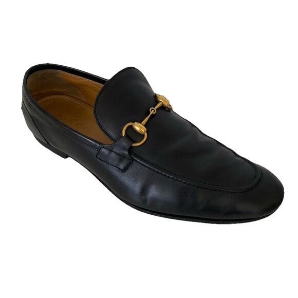 Gucci Jordaan Horsebit Leather Loafer Black Almond Toe Slip On Men's 8.5 - Picture 1 of 12
